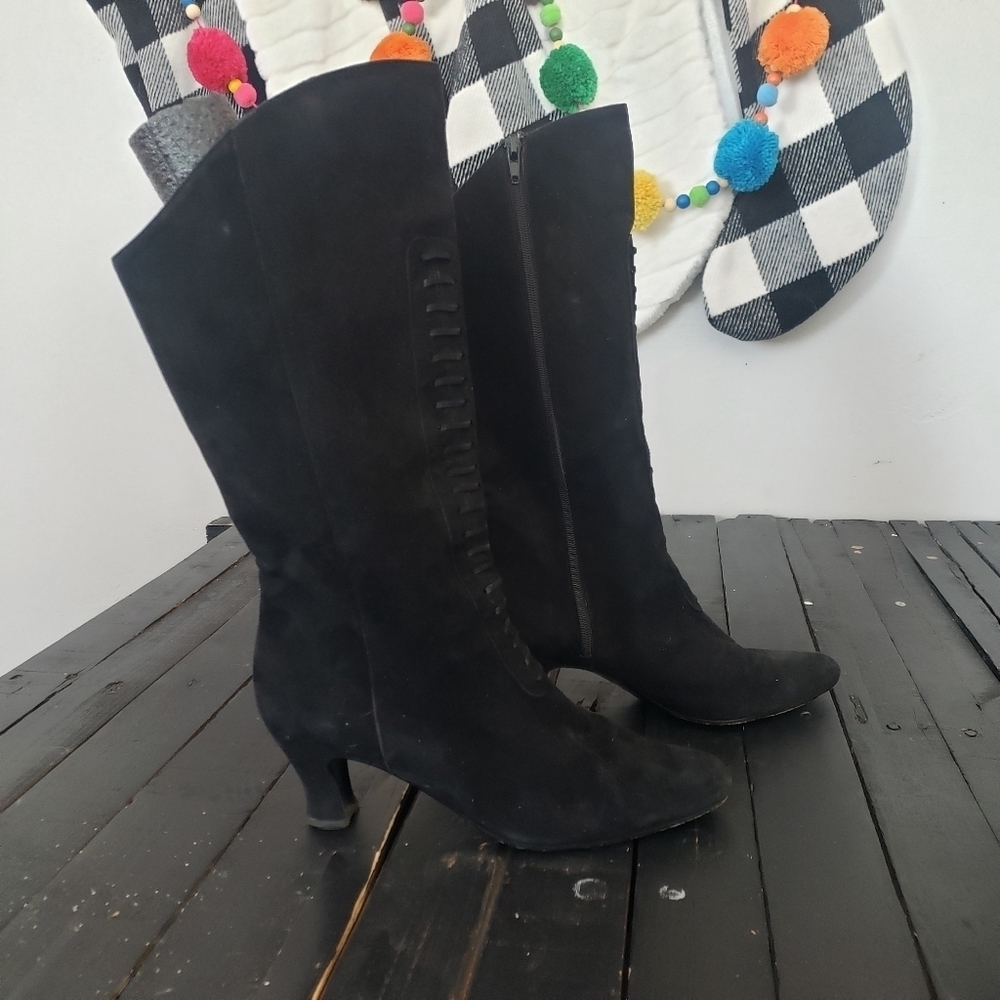 Paloma Vintage Tall Black Boots Suede Faux Lace Up Heeled Women's 8.5 Gothic